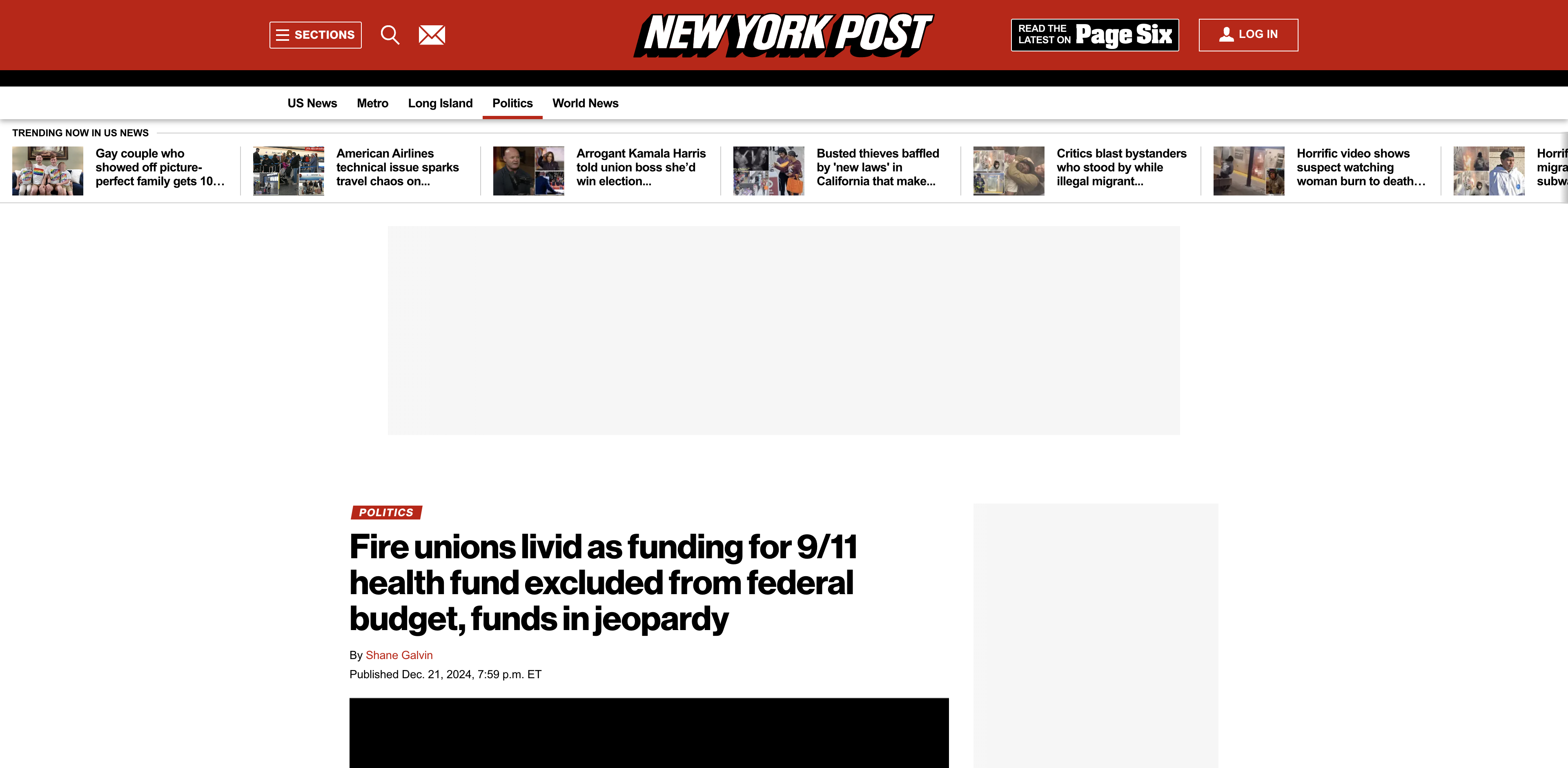 Screenshot of Fire unions livid as funding for 9/11 health fund excluded from federal budget, funds in jeopardy