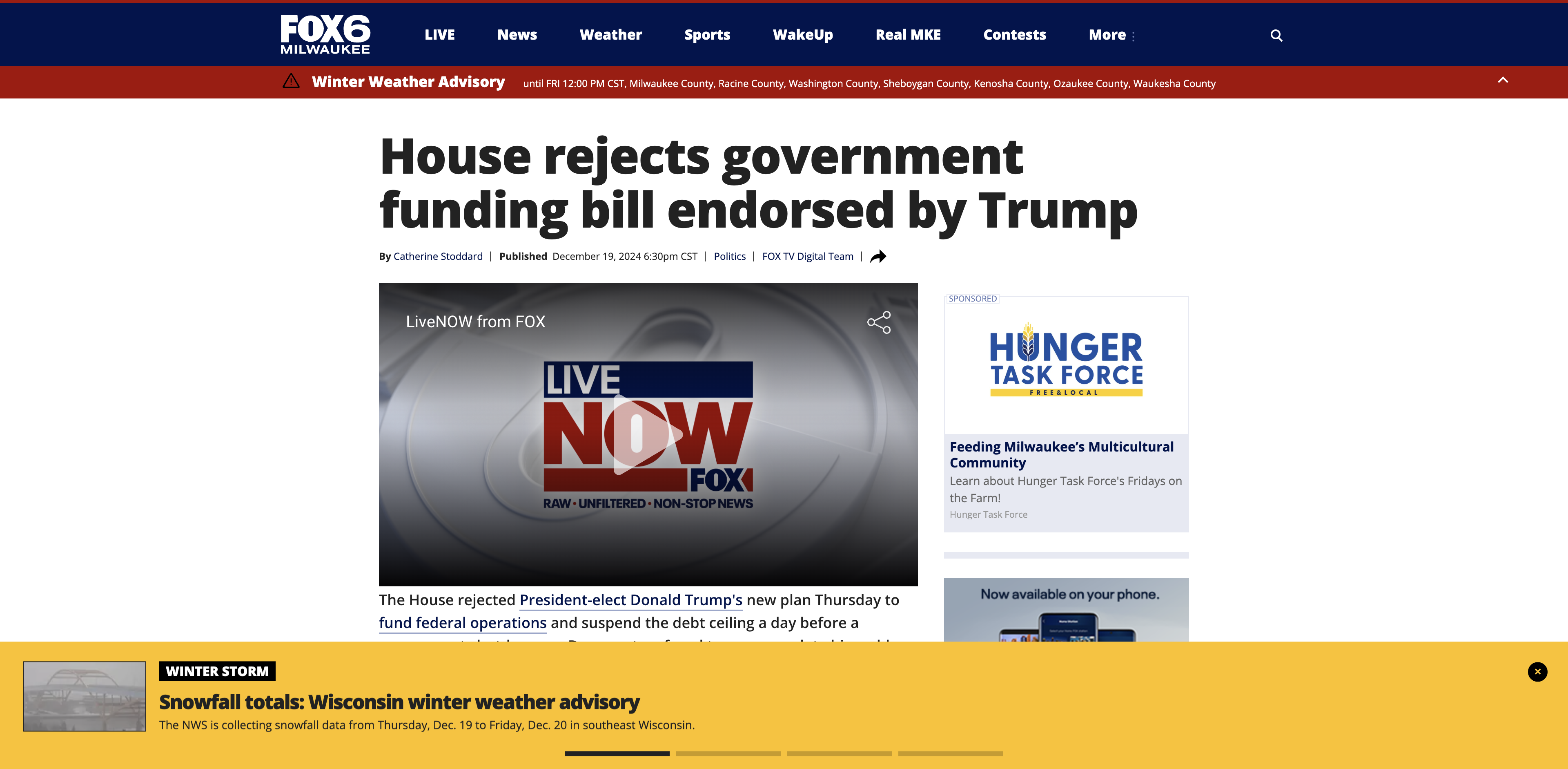 Screenshot of House rejects government funding bill endorsed by Trump | FOX6 Milwaukee