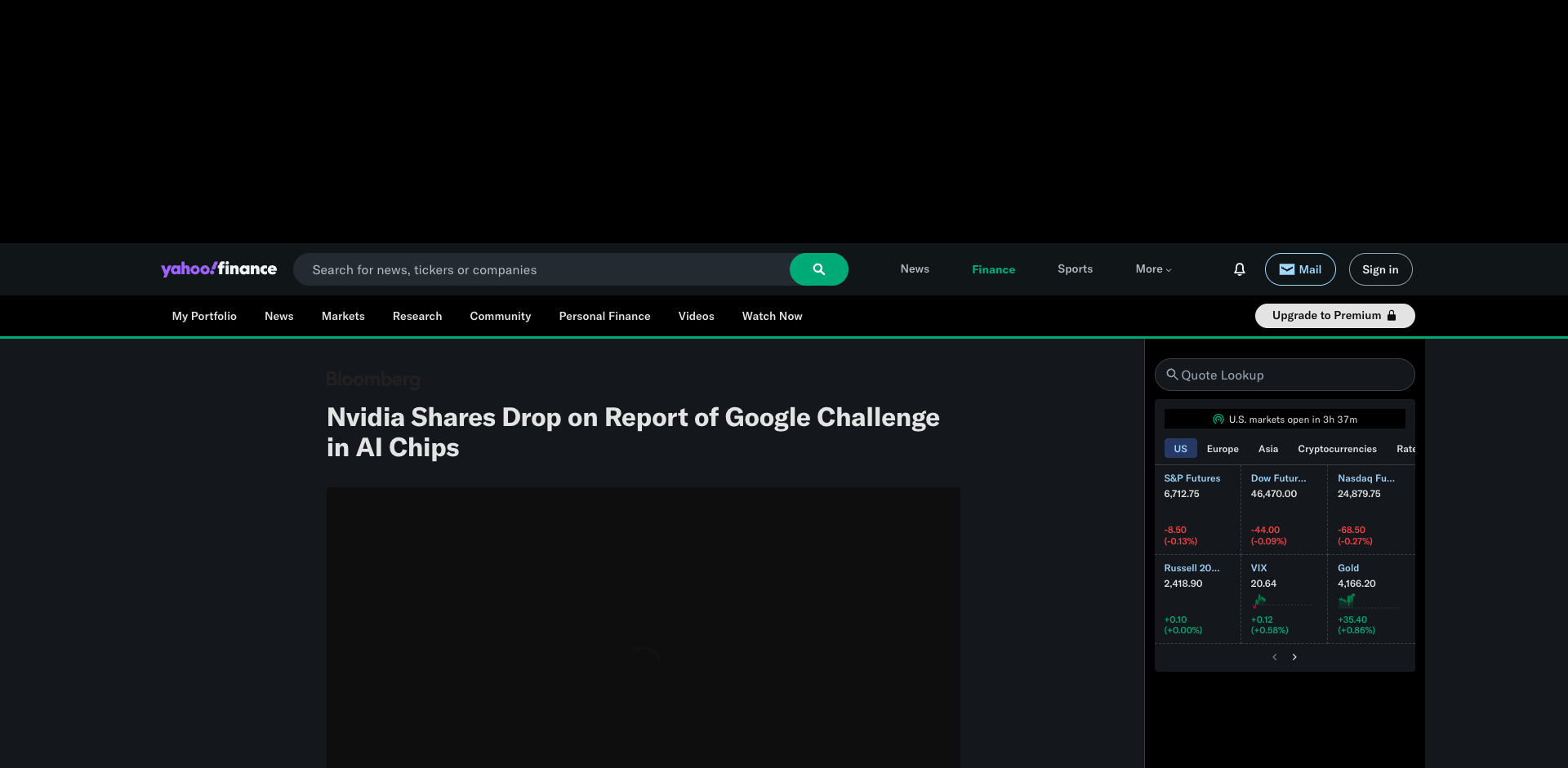 Screenshot of Nvidia Shares Drop on Report of Google Challenge in AI Chips