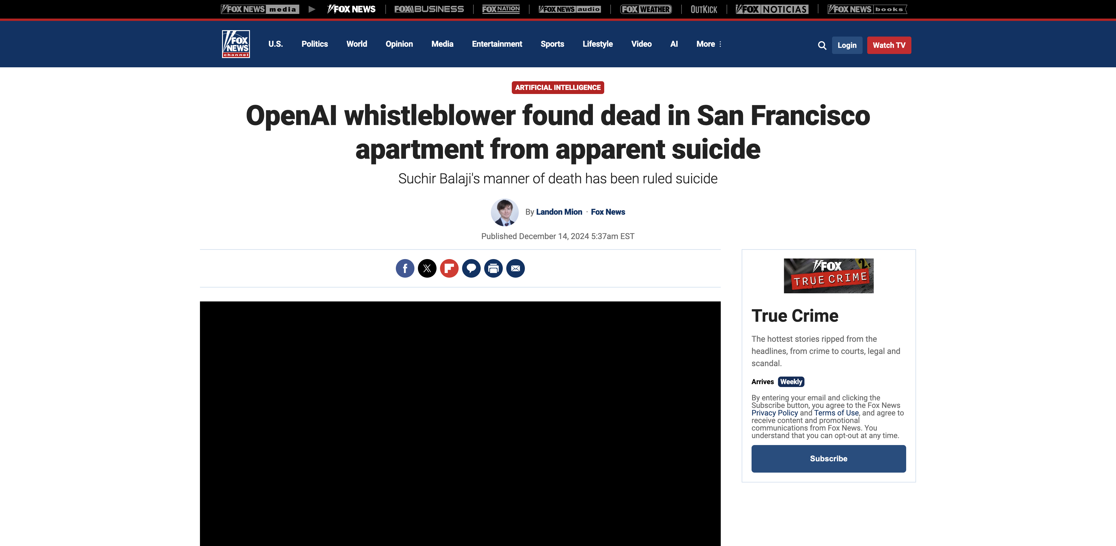 Screenshot of OpenAI whistleblower found dead in San Francisco apartment from apparent suicide attempt | Fox News